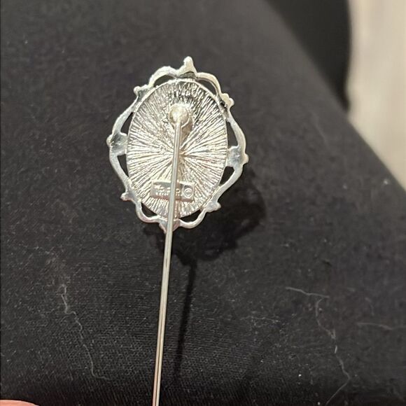 Trifari Vintage Blue White Silver Tone Cameo Hat Pin Brooch Stick Pin 3" Long - Picture 7 of 10